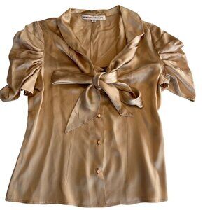 Corey Lynn Calter Womens Gold Short Sleeve Satin Blouse With Bow Tie Size 4 64c